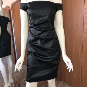 Betsy & Adam off shoulder satin cocktail dress